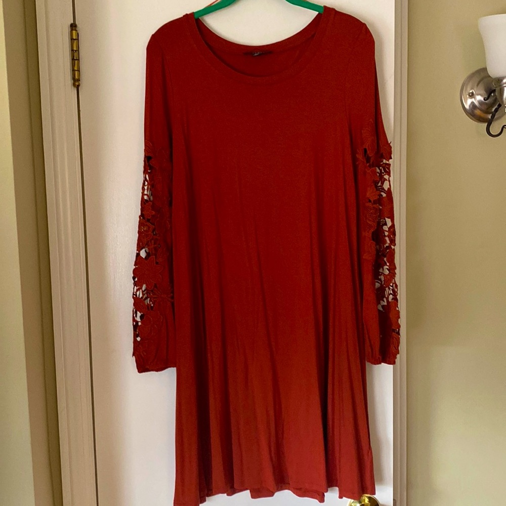 Orange fall dress with lace sleeves